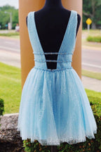 Shiny V Neck Short Blue/Yellow Evening Prom Dressses, Short Blue/Yellow V Neck Fomal Homecoming Graduation Dress
