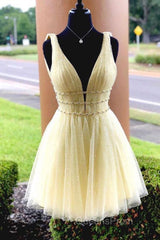 Shiny V Neck Short Blue/Yellow Evening Prom Dressses, Short Blue/Yellow V Neck Fomal Homecoming Graduation Dress