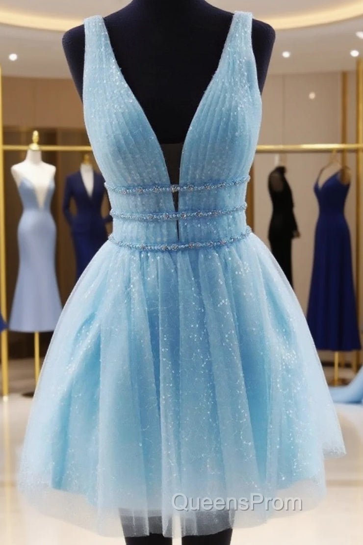 Shiny V Neck Short Blue/Yellow Evening Prom Dressses, Short Blue/Yellow V Neck Fomal Homecoming Graduation Dress Main image