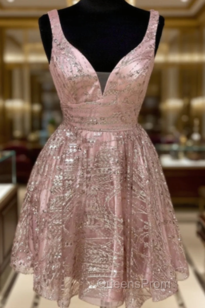 Shiny V Neck Short Champagne Evening Prom Dress, Short V Neck Champagne Graduation Formal Dress Main image