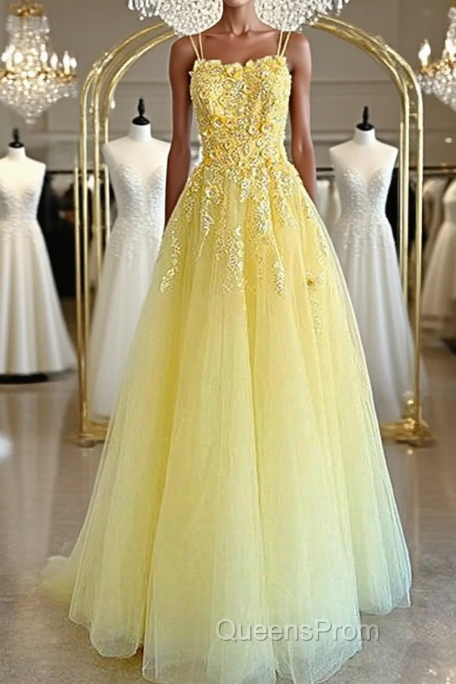 Shiny Yellow Lace Floral Evening Prom Dress, Shiny Yellow Lace Floral Formal Evening Dress Main image