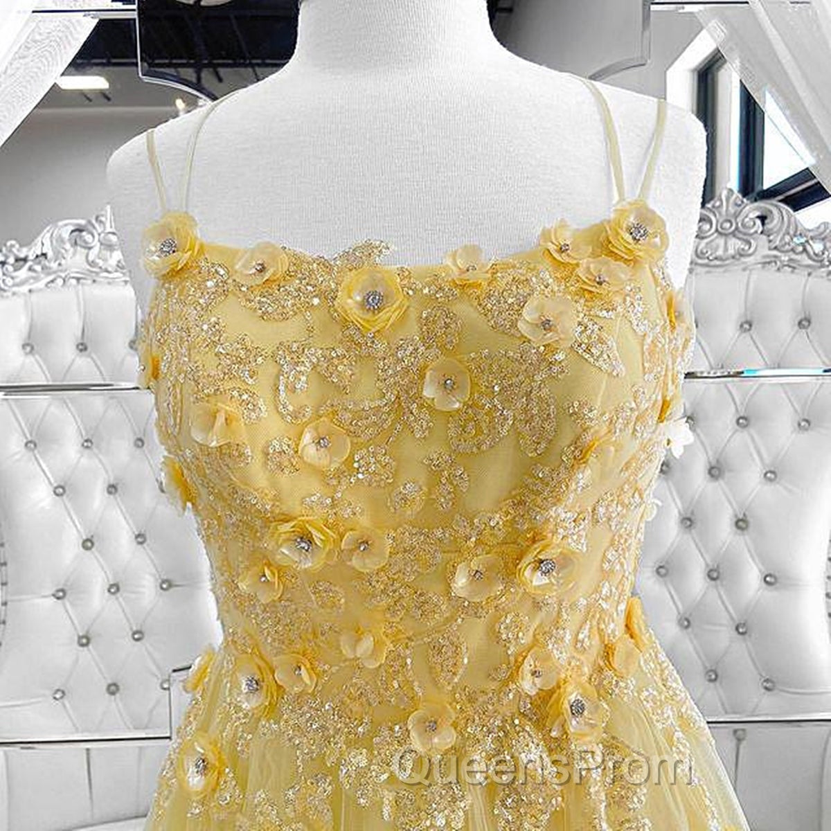 Shiny Yellow Lace Floral Evening Prom Dress, Shiny Yellow Lace Floral Formal Evening Dress Secondary image