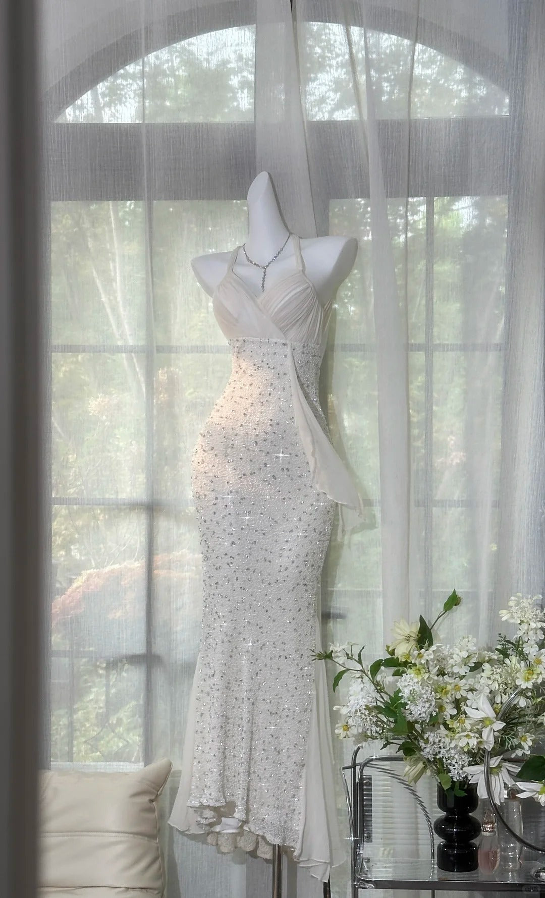 Shinying White Mermaid Strapless Lace-Up Back Sequin Chiffon Long Classy Prom Dress Secondary image