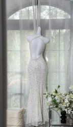Shinying White Mermaid Strapless Lace-Up Back Sequin Chiffon Long Classy Prom Dress