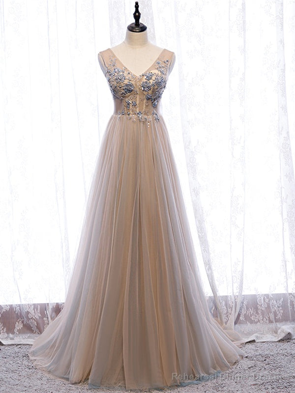Shop Beautiful Champagne V Neck Tulle Beading Floor Length Backless Prom Dress Under 130 Main image