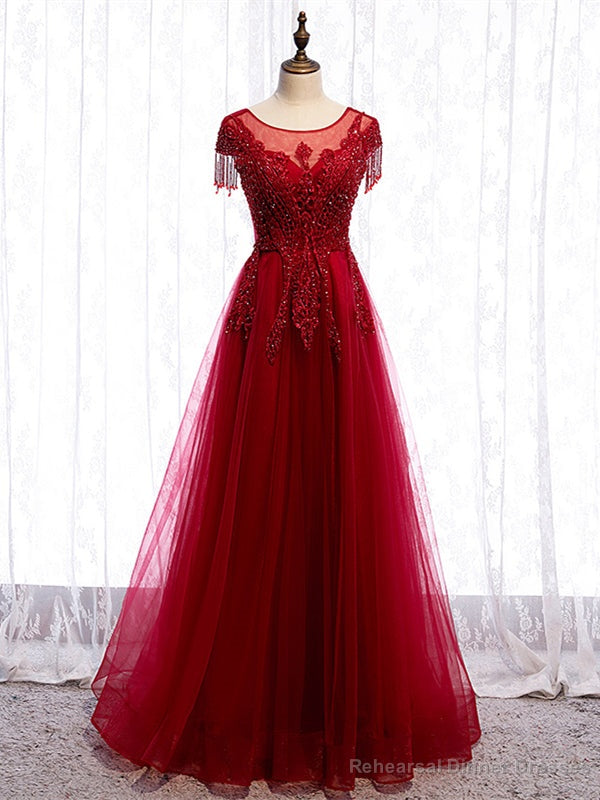 Shop Cap Sleeves Beading Appliques Tulle Scoop Floor Length Burgundy Prom Dress Under 148 Main image