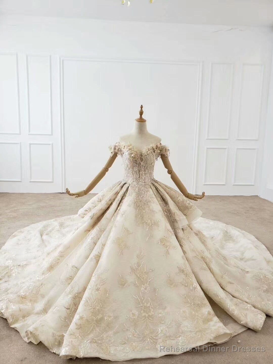 Shop Champagne Ball Gown Tulle Appiques Long Train Huate Couture Wedding Dress