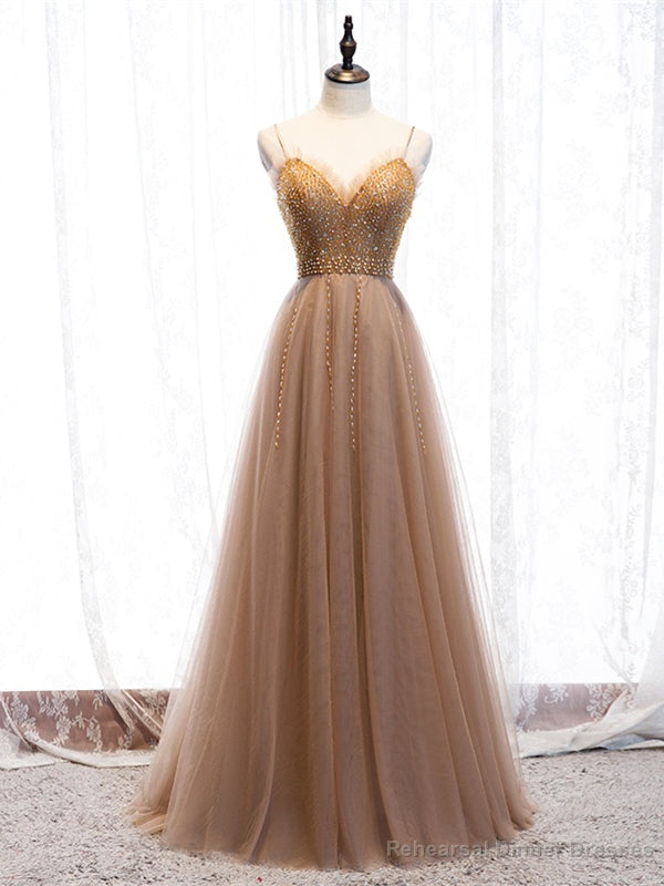 Shop Champagne Tulle Beading Spaghetti Straps Floor Length Prom Dress Main image