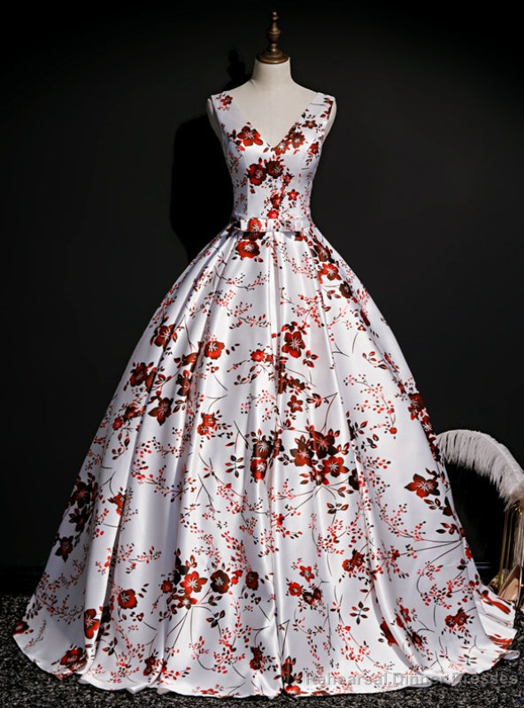 Shop For Cute White Ball Gown Satin V-neck Print Quinceanera Dress With Bow Main image