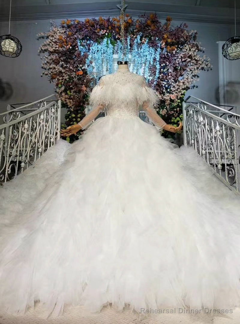 Shop For The Perfect White Ball Gown Tulle Long Sleeve High Neck Beading Wedding Dress Main image