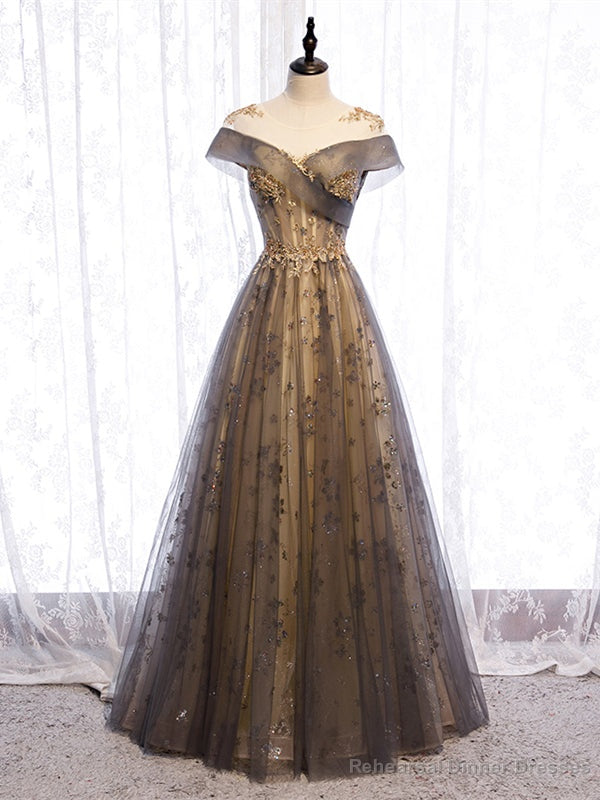 Shop Gray Illusion Cap Sleeves Sequin Lace Up Tulle Prom Dress Under 138 Main image