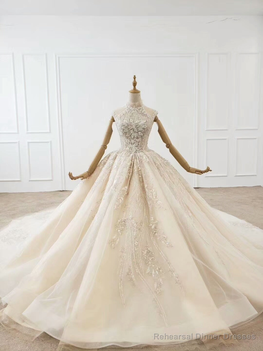 Shop High Neck Tulle Crystal Zipper Up Ball Gown Sparkle Sequin Haute Couture Wedding Dress Main image