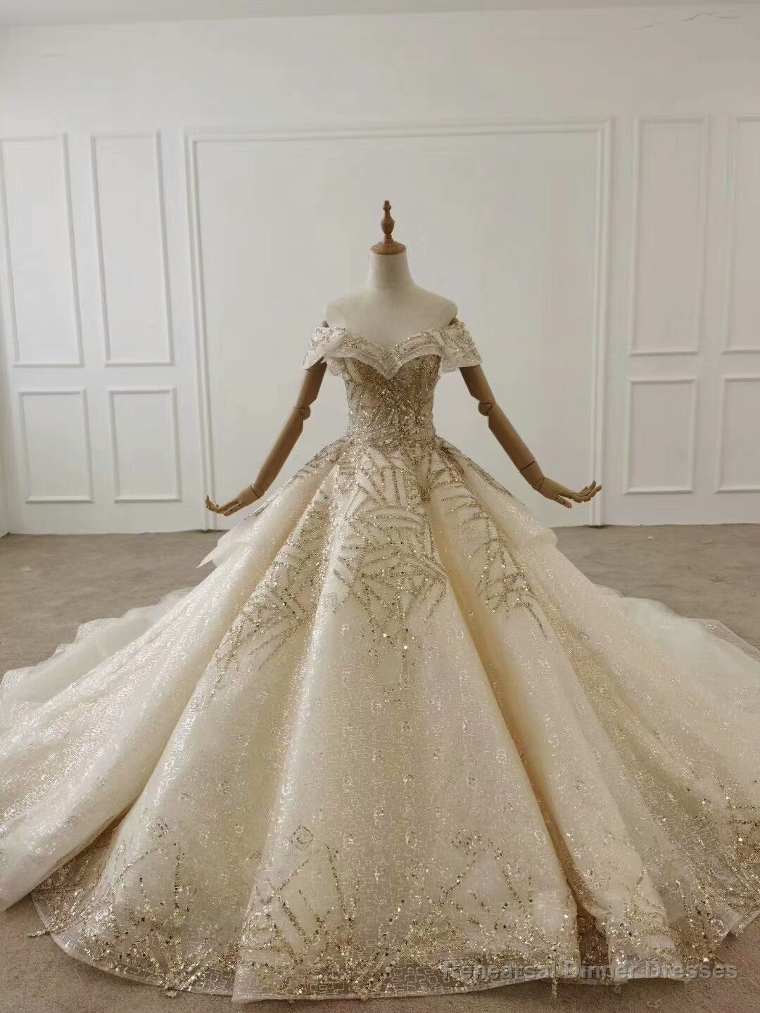 Shop Luxury Sparkle Off The Shoulder Tulle Beading Champagne Wedding Dress Main image