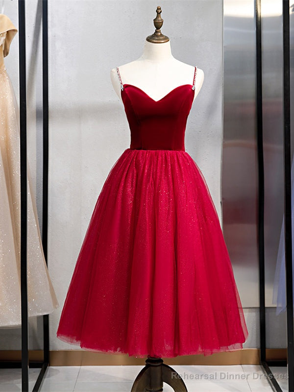 Shop Tea Length Burgundy Velvet Tulle Sweetheart Prom Dress Under 95 Main image