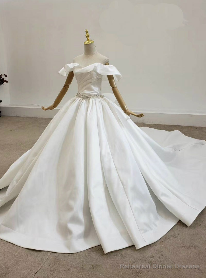 Shop White Ball Gown Satin Off the Shoulder Pleats Beading Wedding Dress Main image