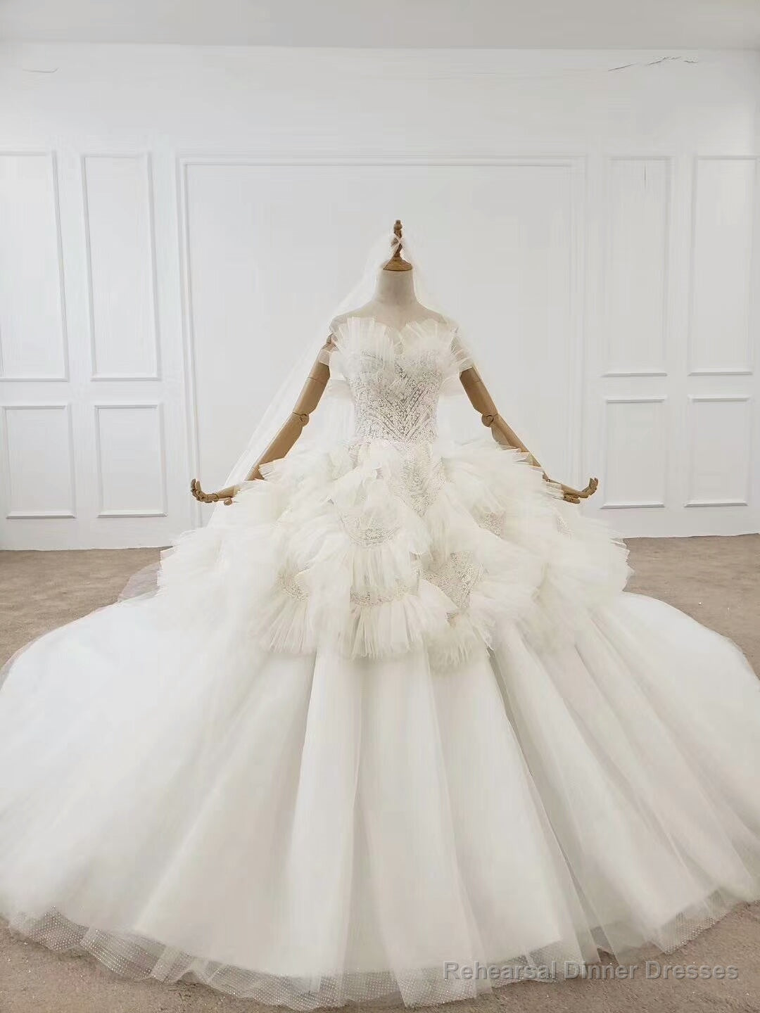 Shop White Sweetheart Ruched Tulle Ball Gown Beading Huate Couture Wedding Dress Main image