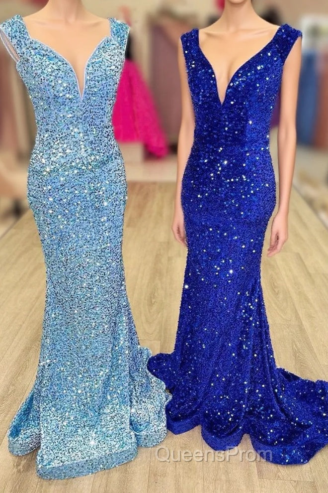 Blue Sequin V-Neck Lace-Up Mermaid Long Formal Dress