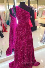 Purple Sequin One-Shoulder Backless A-Line Long Evening Prom Dress
