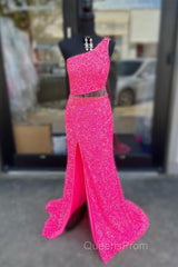 Fuchsia One Shoulder Sequins Tassels Cut-Out Long Evening Prom Dress with Slit