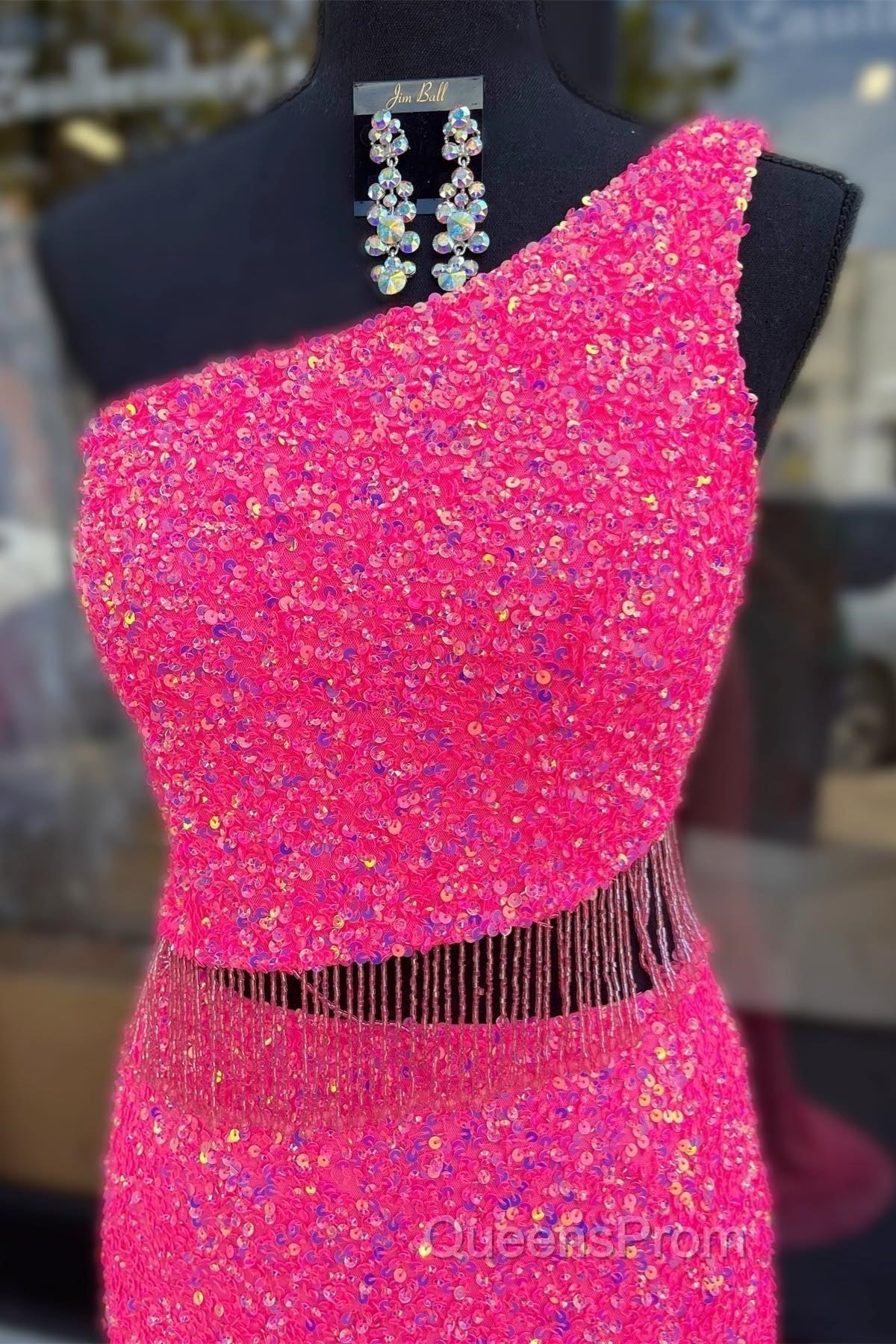 Fuchsia One Shoulder Sequins Tassels Cut-Out Long Evening Prom Dress with Slit Secondary image