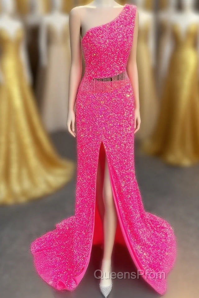 Fuchsia One Shoulder Sequins Tassels Cut-Out Long Evening Prom Dress with Slit Main image