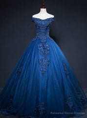 Shops Around The World Navy Blue Tulle Appliques Off the Shoulder Beading Quinceanera Dress