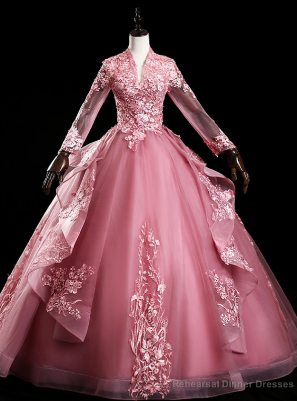 Shops Around The World Pink Ball Gown Tulle Appliques Long Sleeve Backless Quinceanera Dress Main image