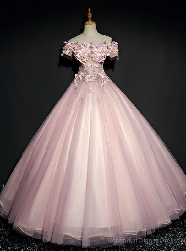 Shops Around The World Pink Ball Gown Tulle Appliques Off the Shoulder Short Sleeve Quinceanera Dress Main image
