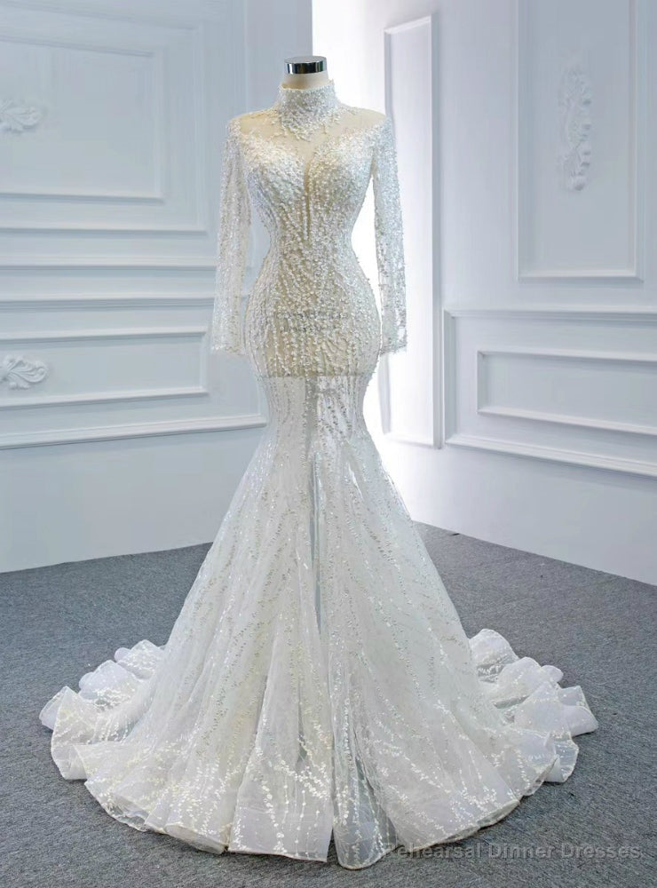 Shops Around The World White Mermaid Tulle Long Sleeve High Neck Baeading Wedding Dress Main image