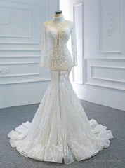 Shops Around The World White Mermaid Tulle Long Sleeve High Neck Baeading Wedding Dress