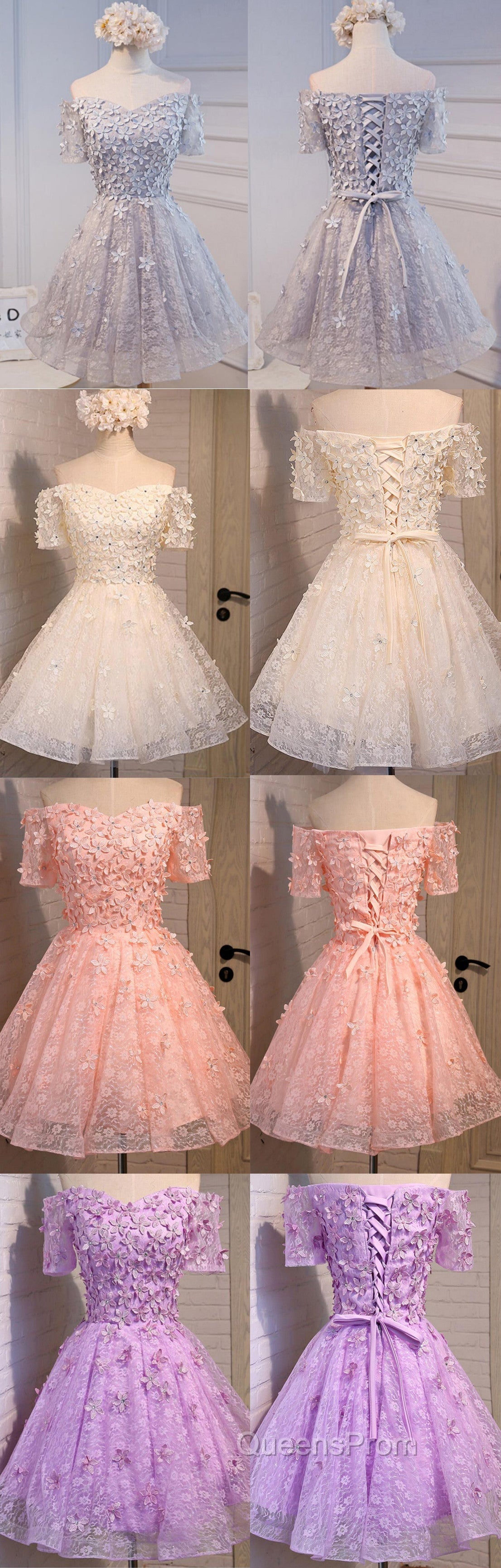 Short A-Line Junior Cute Off Shoulder Full Lace Appliques Beads Sweetheart Lace Up Back Homecoming Dress Secondary image