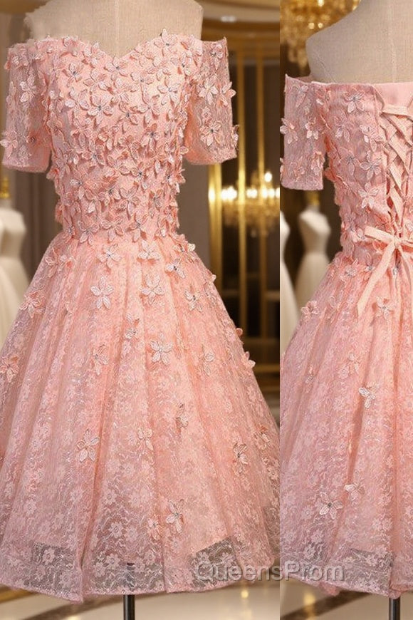 Short A-Line Junior Cute Off Shoulder Full Lace Appliques Beads Sweetheart Lace Up Back Homecoming Dress
