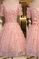 Short A-Line Junior Cute Off Shoulder Full Lace Appliques Beads Sweetheart Lace Up Back Homecoming Dress