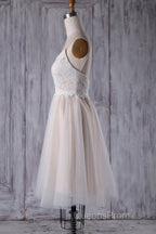 Short A-line Spaghetti Strap Lace Tulle Wedding Dress