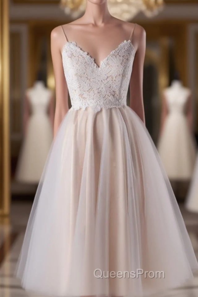 Short A-line Spaghetti Strap Lace Tulle Wedding Dress Main image