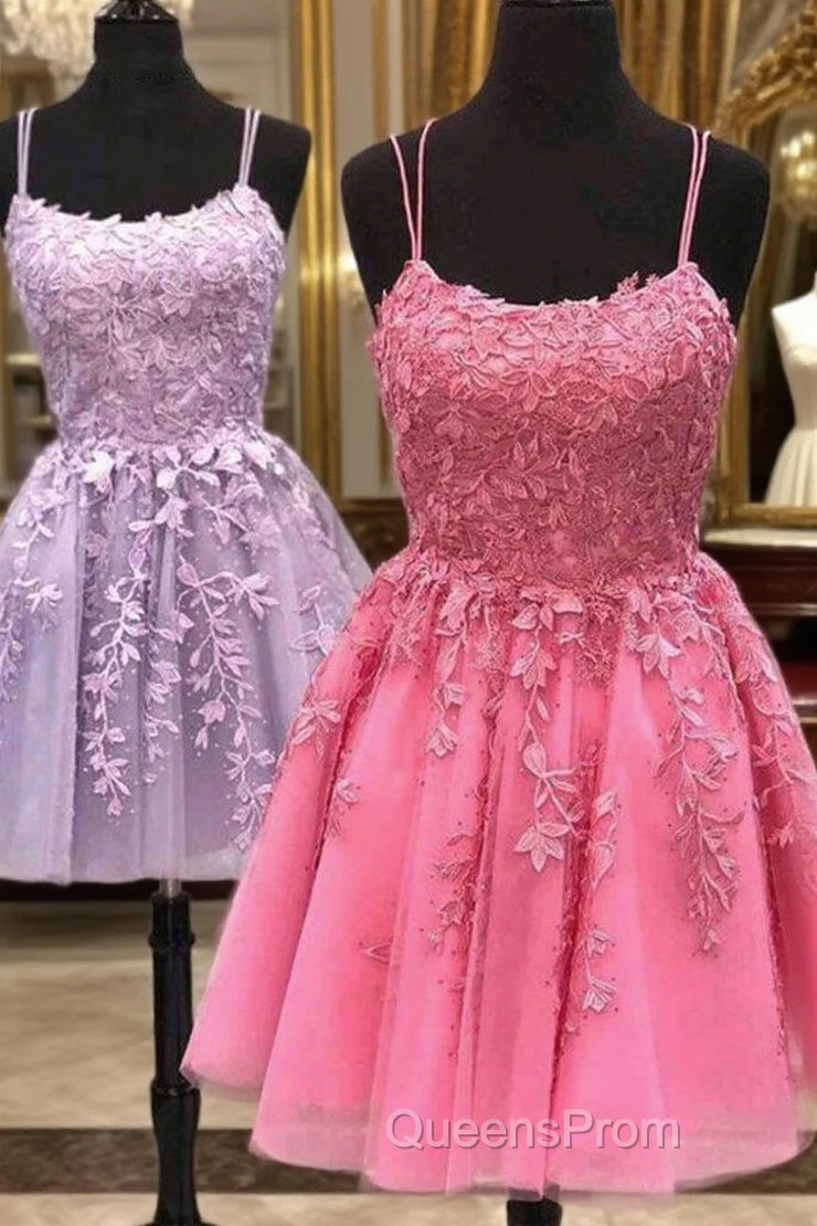 Short A Line Thin Straps Purple/Hot Pink Lace Evening Prom Dress, Purple/Hot Pink Lace Homecoming Dress, Lilac/Hot Pink Short Formal Dress Main image