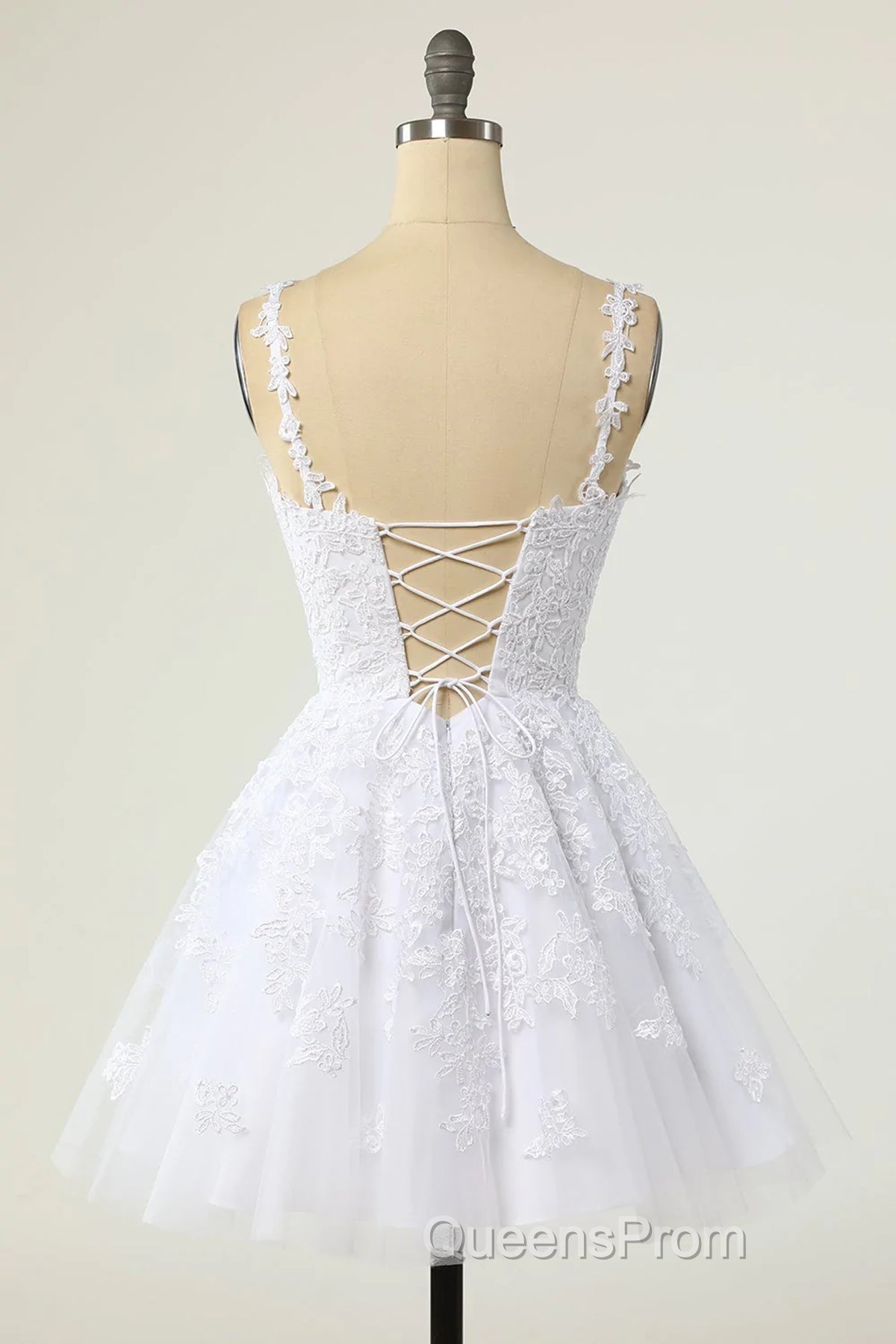 Short A-line V-neck Tulle Lace Backless Evening Prom Dress white Homecoming Dress Secondary image