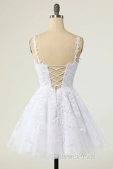 Short A-line V-neck Tulle Lace Backless Evening Prom Dress white Homecoming Dress