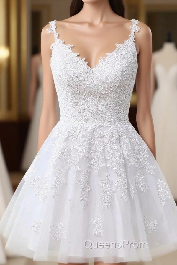 Short A-line V-neck Tulle Lace Backless Evening Prom Dress white Homecoming Dress Main image