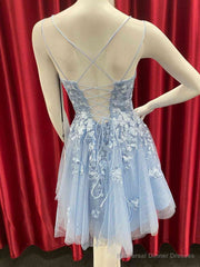Short Backless Blue Lace Prom Dresses, Short Open Back Blue Lace Formal Homecoming Dresses