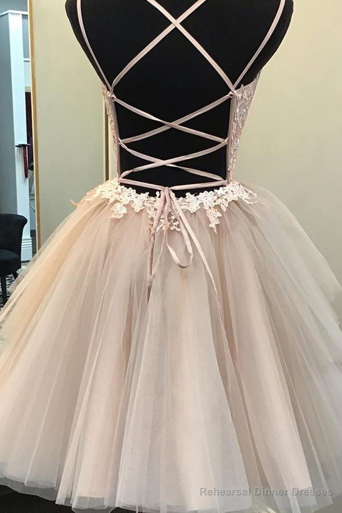 Short Backless Champagne Lace Prom Dresses, Short V Neck Champagne Lace Graduation Homecoming Dresses Secondary image