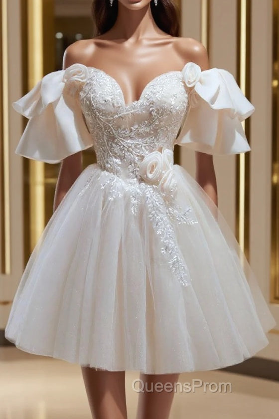 Short Beige Evening Prom Dress, Beige Tulle Lace Homecoming Dress Main image