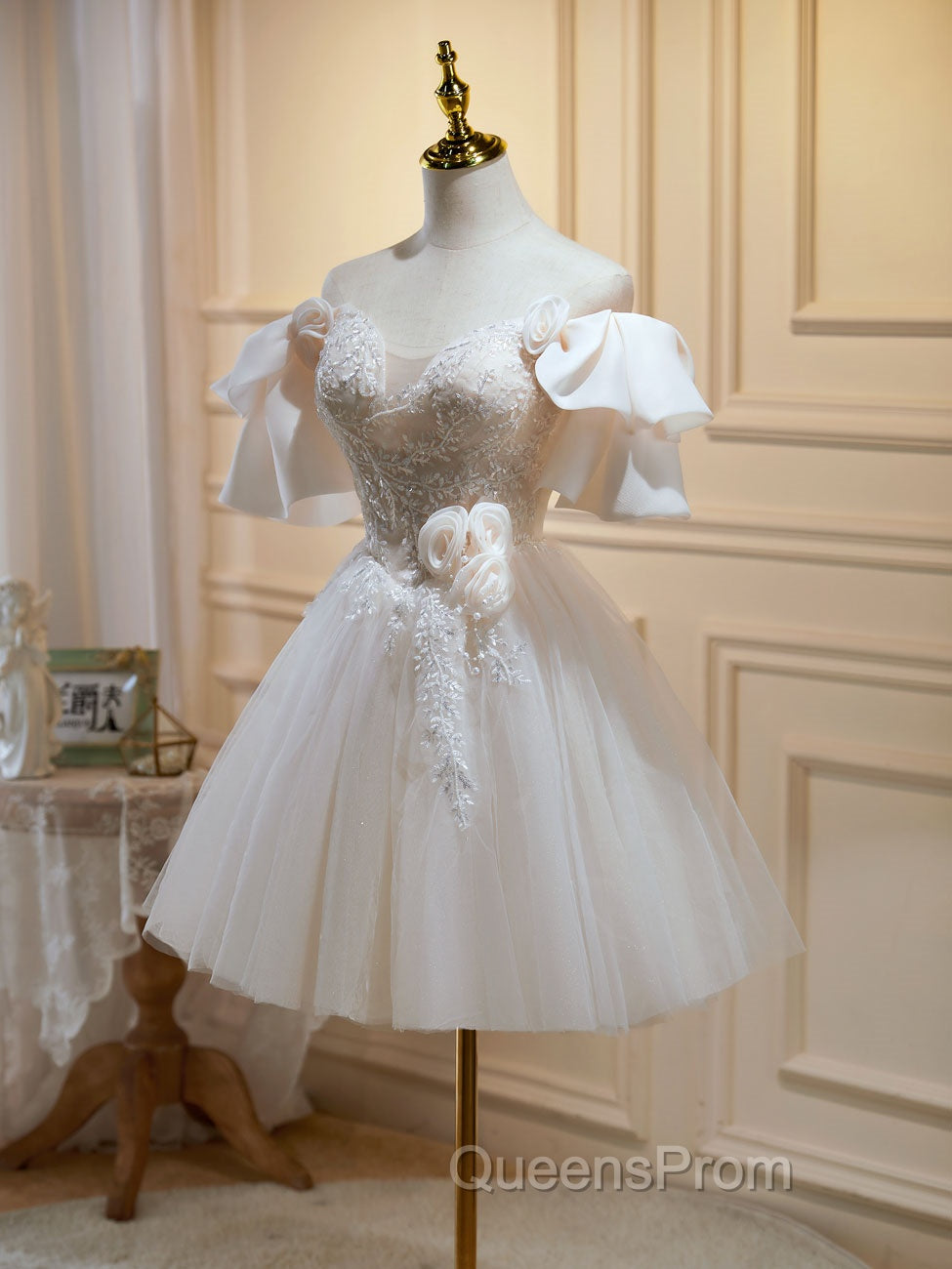 Short Beige Evening Prom Dress, Beige Tulle Lace Homecoming Dress Secondary image