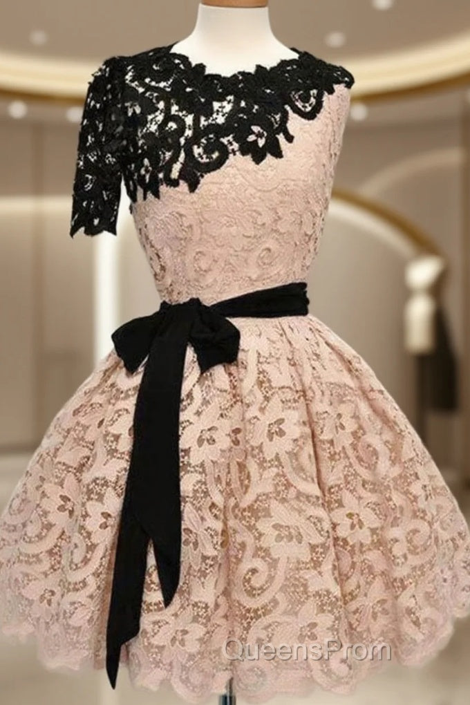 Short Black Champagne Lace Evening Prom Dress, Short Black Champagne Lace Graduation Homecoming Dress Main image