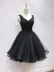 Short Black Lace Evening Prom Dress, Short Black Lace Homecoming Graduation Dress