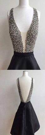 Short black mismatched open back sexy freshman homecoming Classy Prom Dress