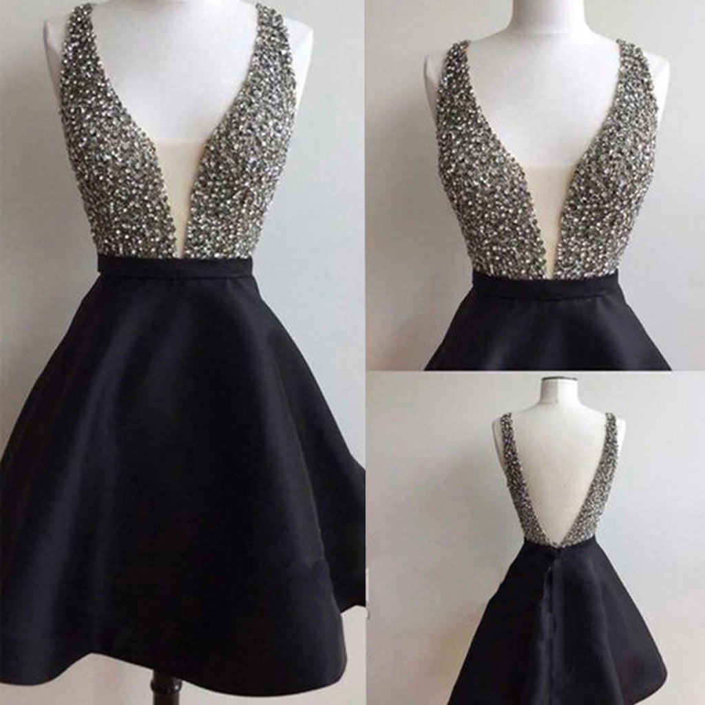 Short black mismatched open back sexy freshman homecoming Classy Prom Dress Main image