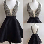 Short black mismatched open back sexy freshman homecoming Classy Prom Dress