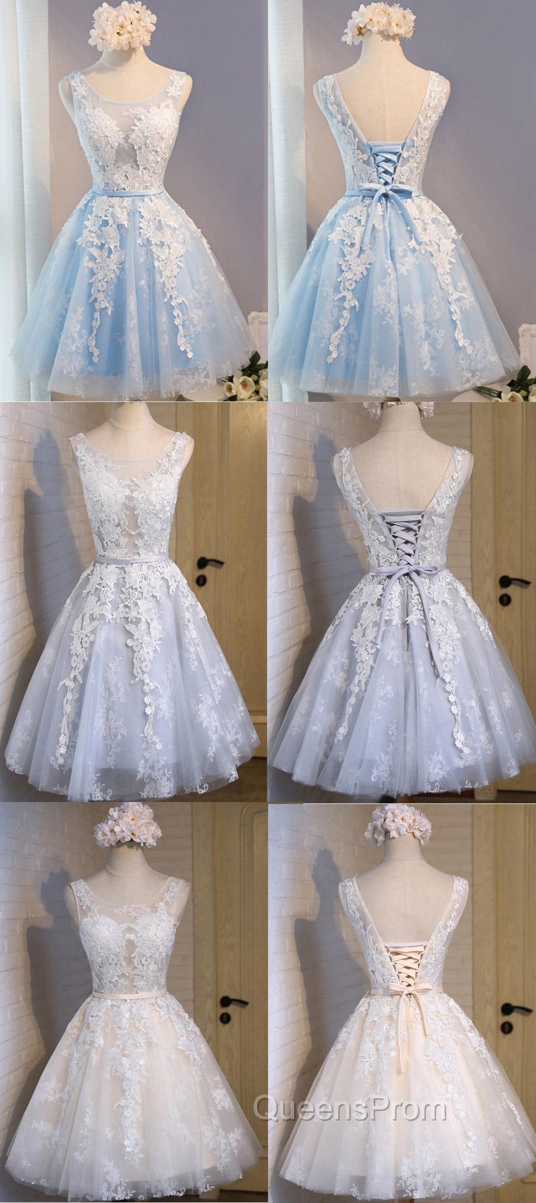 Short Blue Floral Prints Appliques Sleeveless Scoop Neckline Lace Up Back For Teen Lovely Homecoming Dress Secondary image