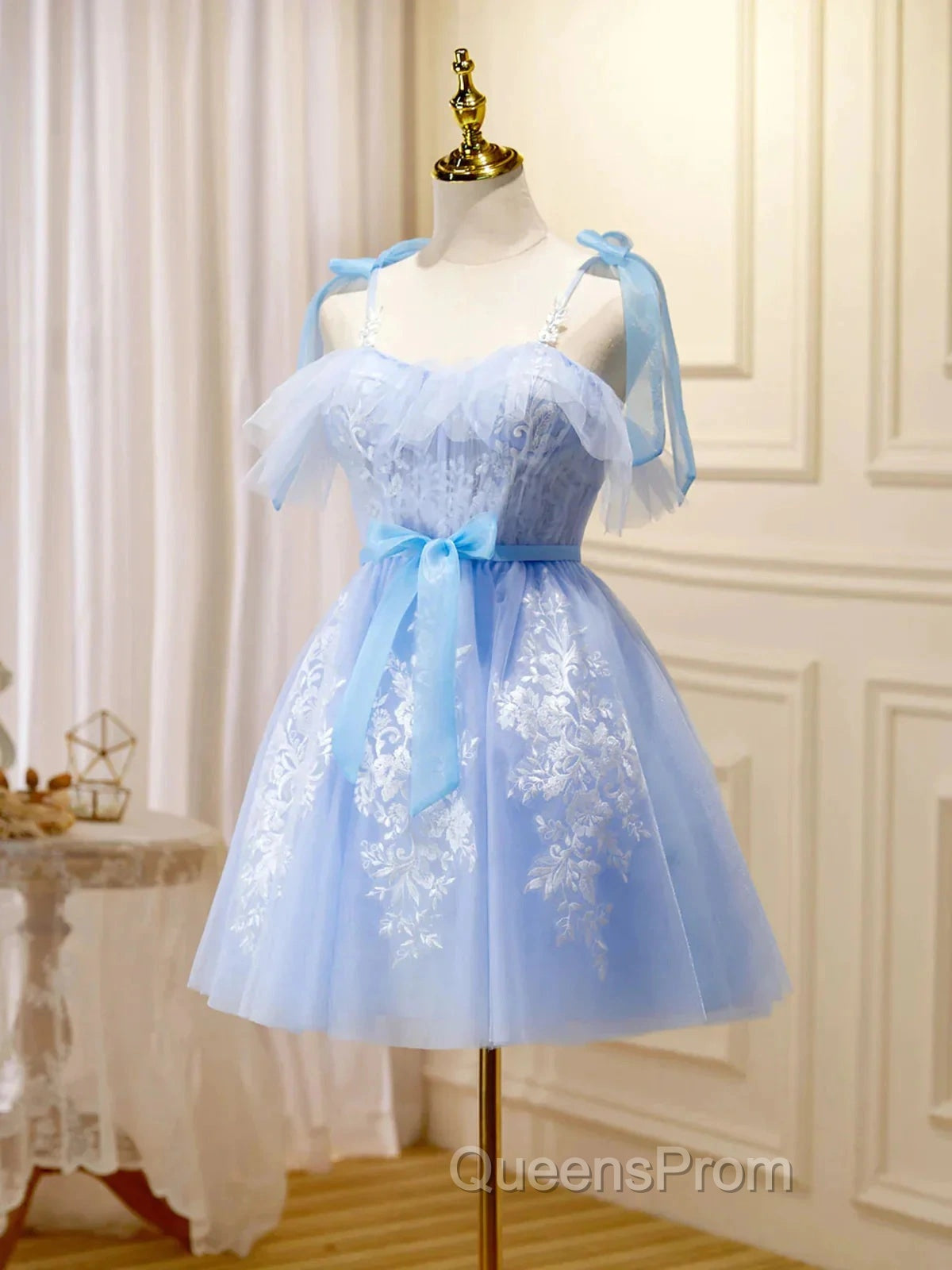 Short Blue Lace Evening Prom Dress, Short Blue Lace Formal Graduation Dress Secondary image